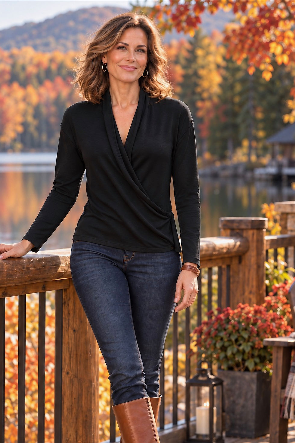 Model wearing the Margot merino long sleeve wrap top in black in alternative lifestyle pose.