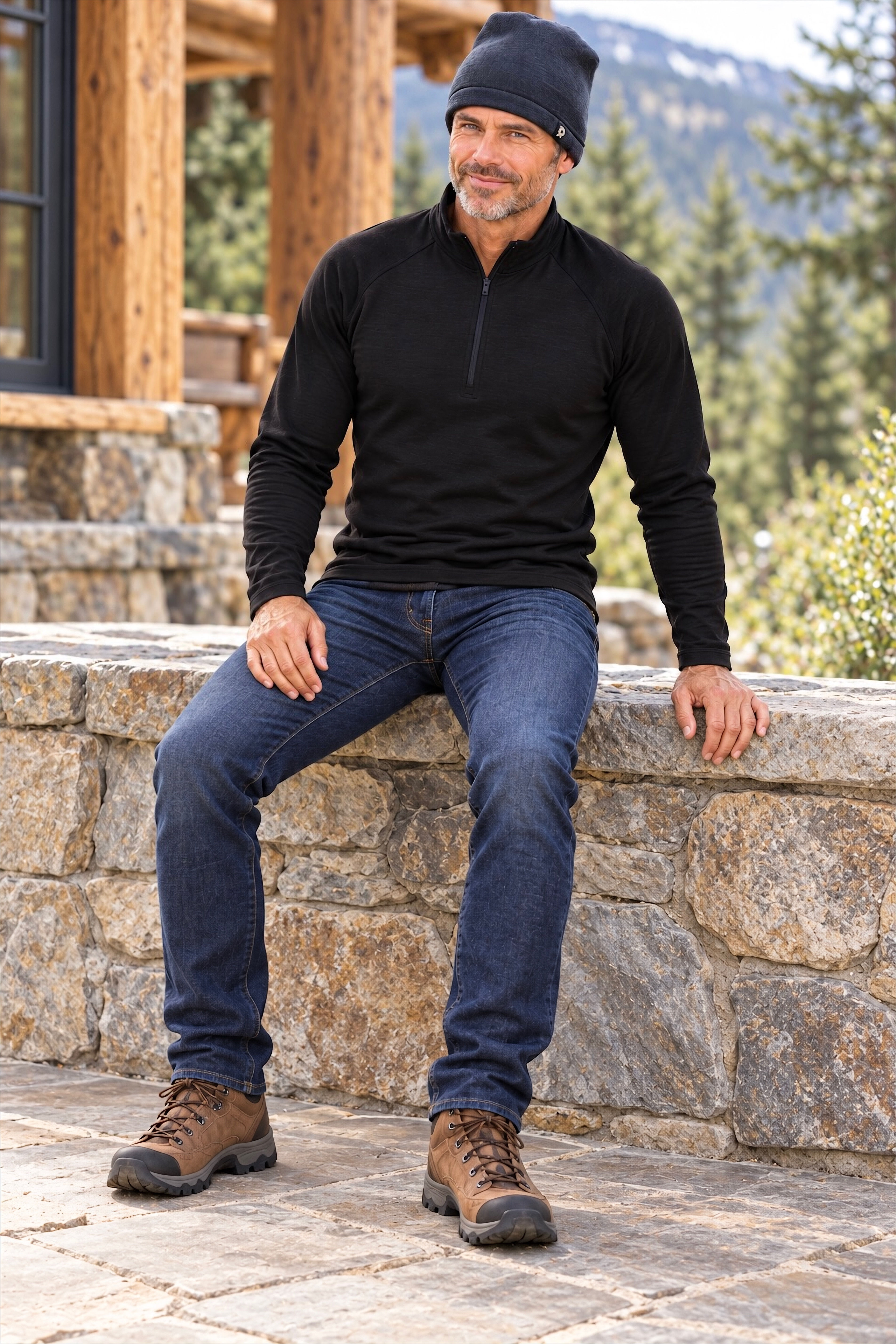Male model wearing the Riley zip-neck top in black mid-weight merino jersey, seated lifestyle pose.
