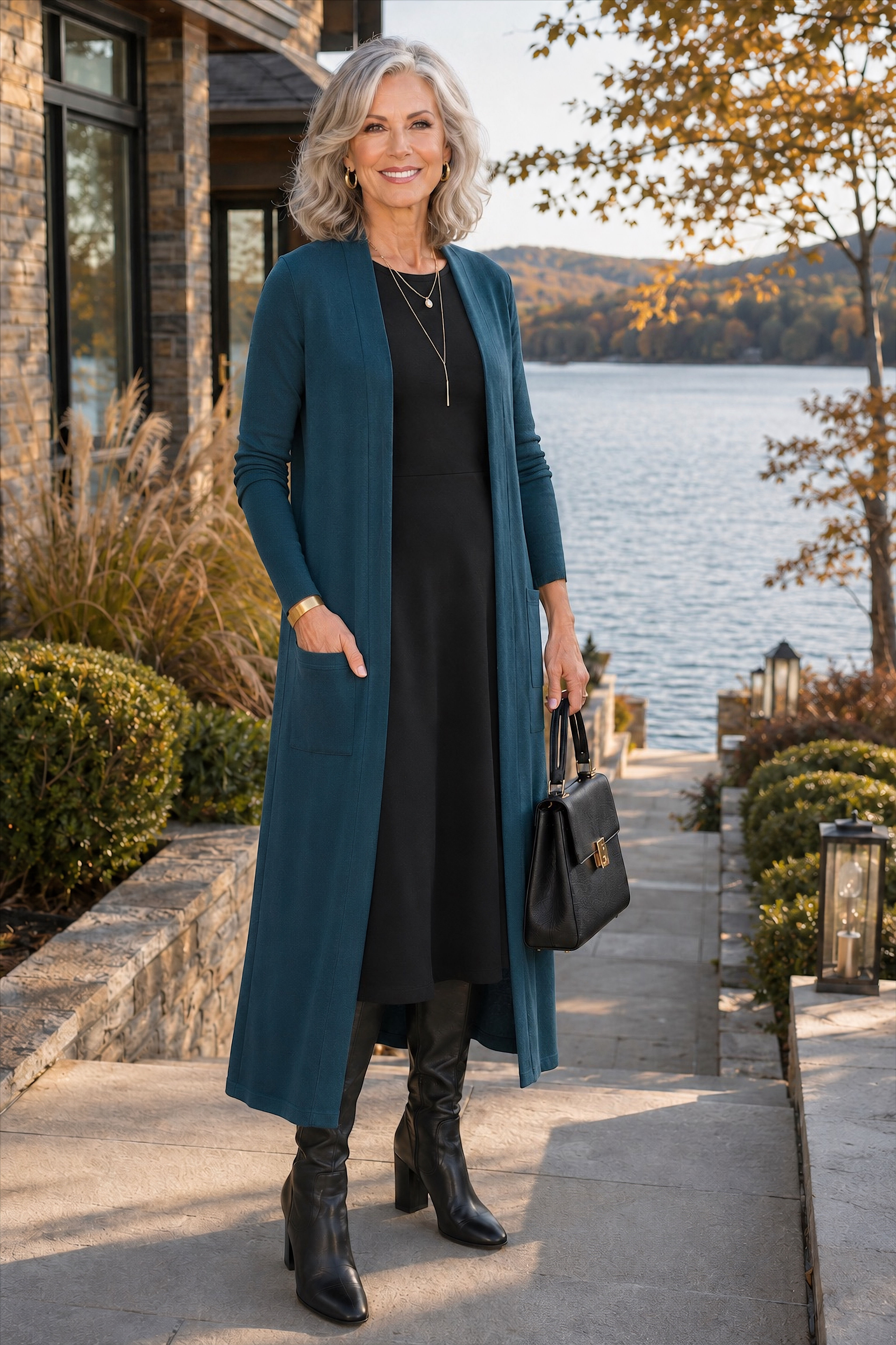 Model wearing the Coatigan merino duster cardigan in deep teal green  in full-body outdoor lifestyle pose.