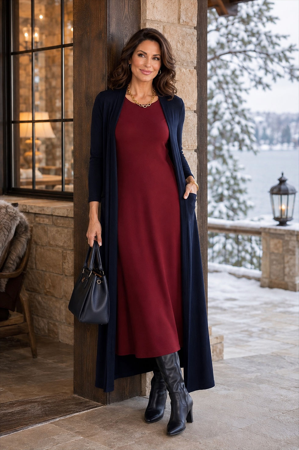 Woman wearing the Garnet red Colette merino dress in a relaxed winter outdoor lifestyle pose.