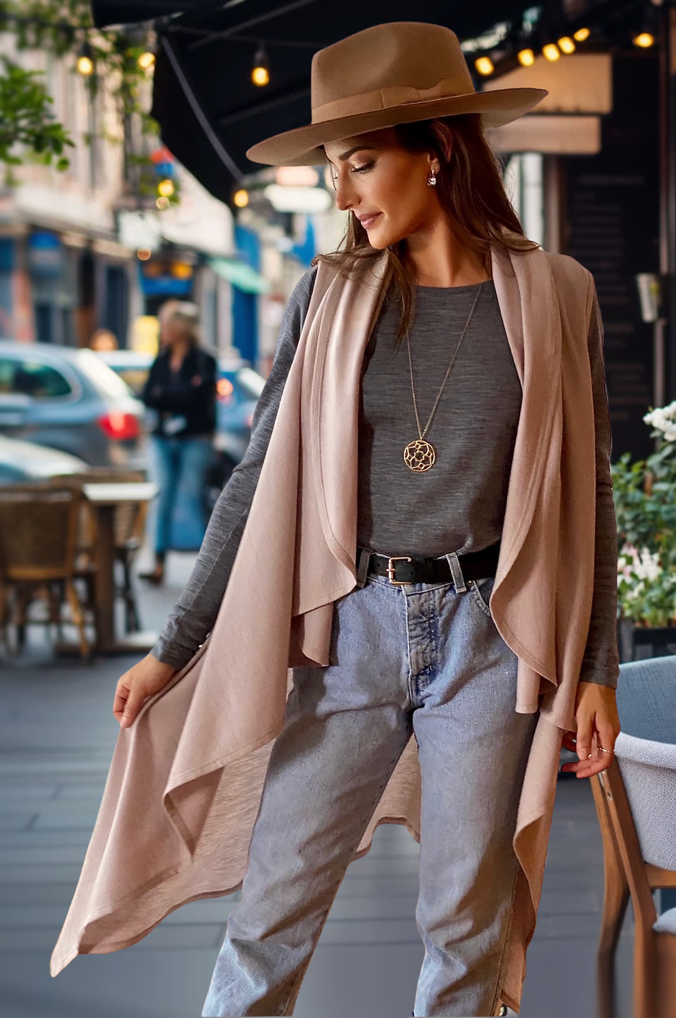 Woman wearing the oatmeal deluxe merino wool cardigan wrap in a relaxed lifestyle pose.