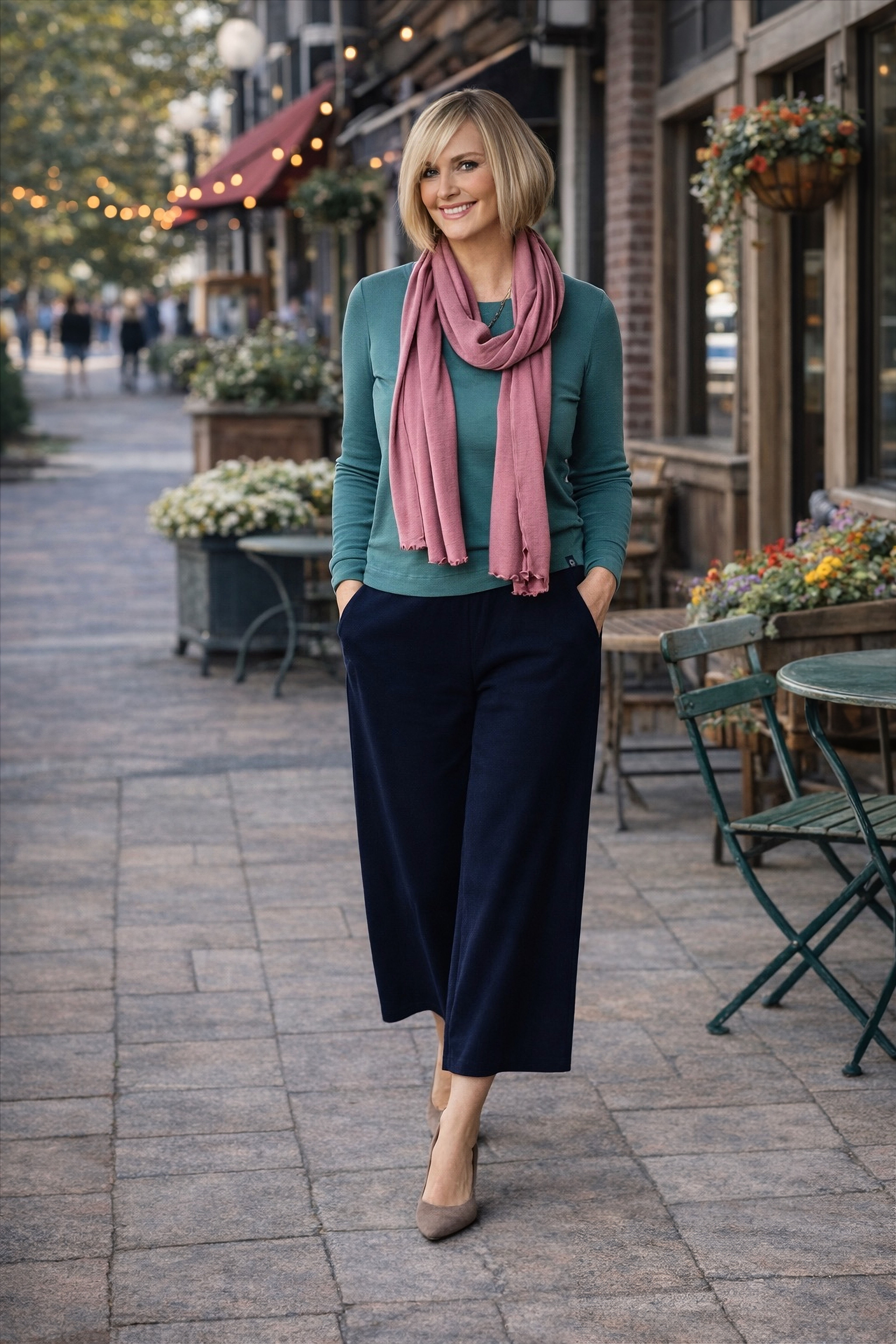 Woman wearing the Celeste navy wide-leg crop merino pants in a relaxed lifestyle pose.