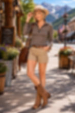 Model wearing the Hayden zip-neck top in Sahara stripe mid-weight rib merino wool in full-body outdoor summer pose.