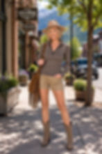 Woman wearing the Hayden zip-neck top in Sahara stripe mid-weight rib merino wool in full-body outdoor summer pose.