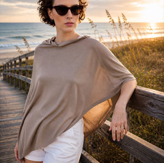 Merino poncho in burlywood color in alternative lifestyle pose