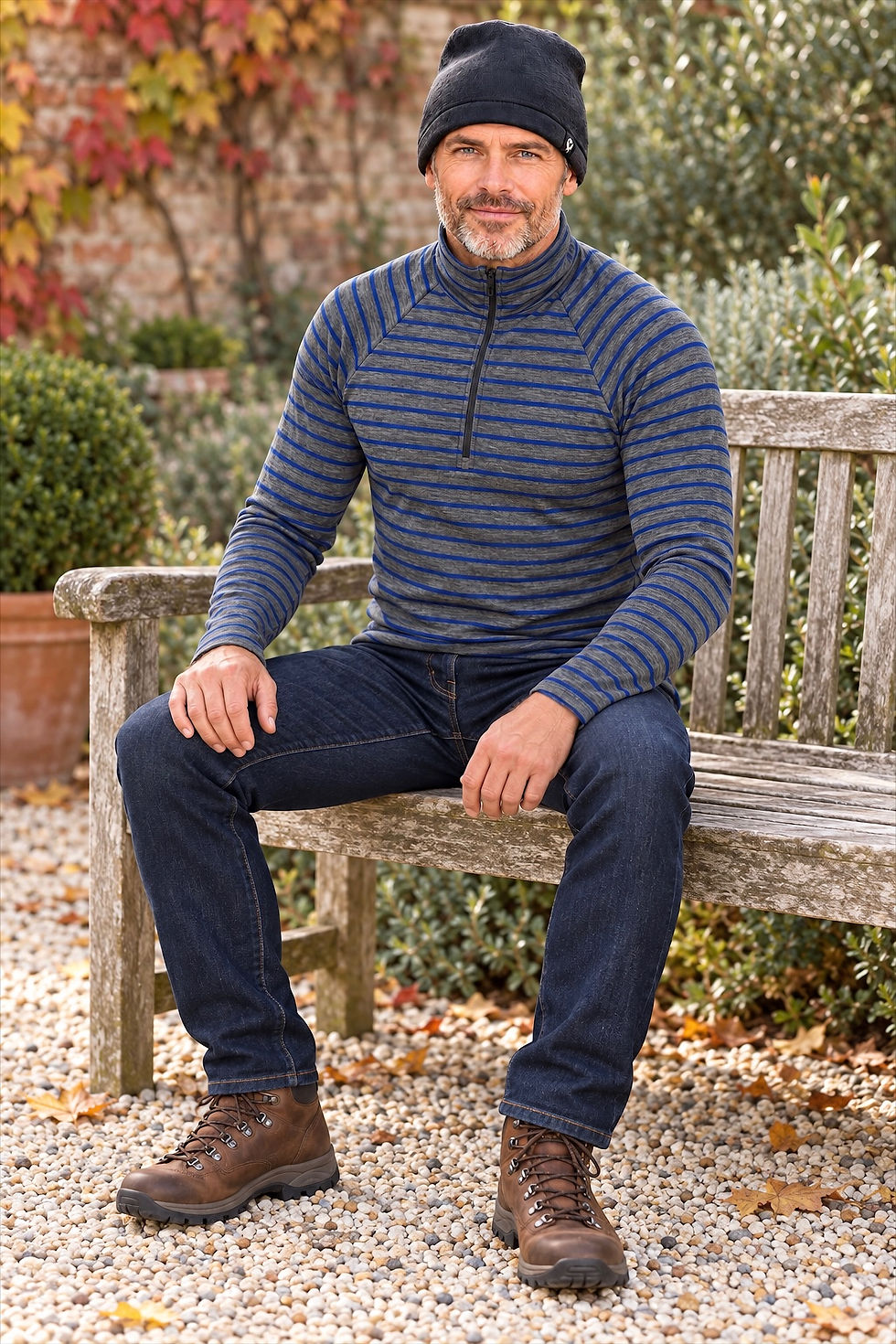 Male model wearing the grey striped Hayden men’s rib merino zip-neck top in a relaxed seated lifestyle pose.
