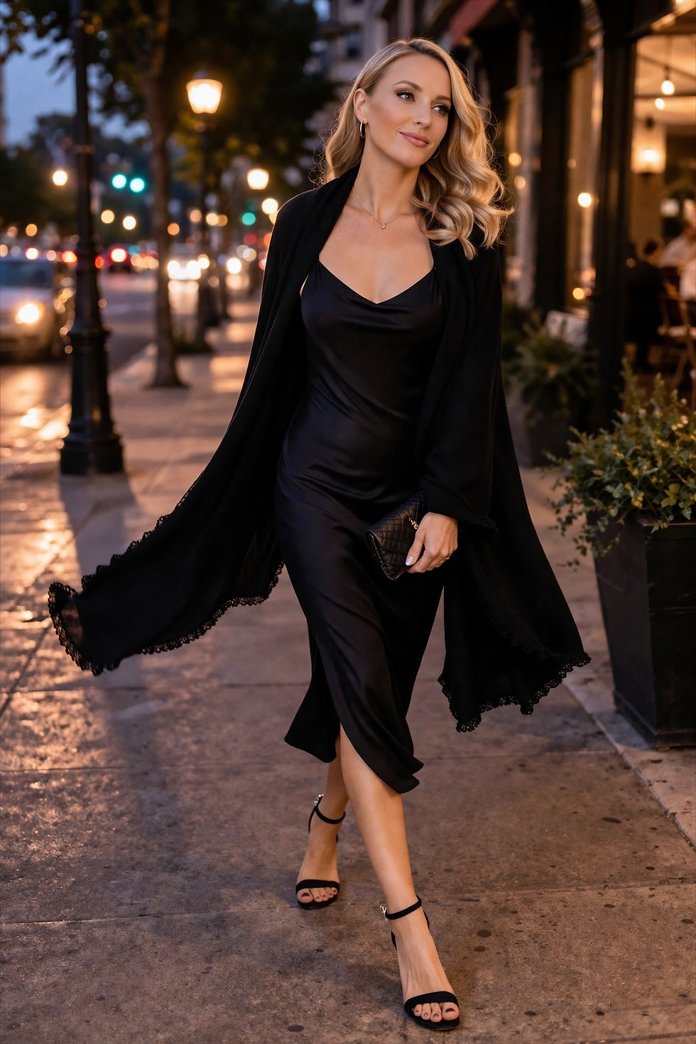 Thumbnail: Model wearing the Merino Travel Wrap and Scarf in black mid-weight rib merino wool, full-body lifestyle pose at night.