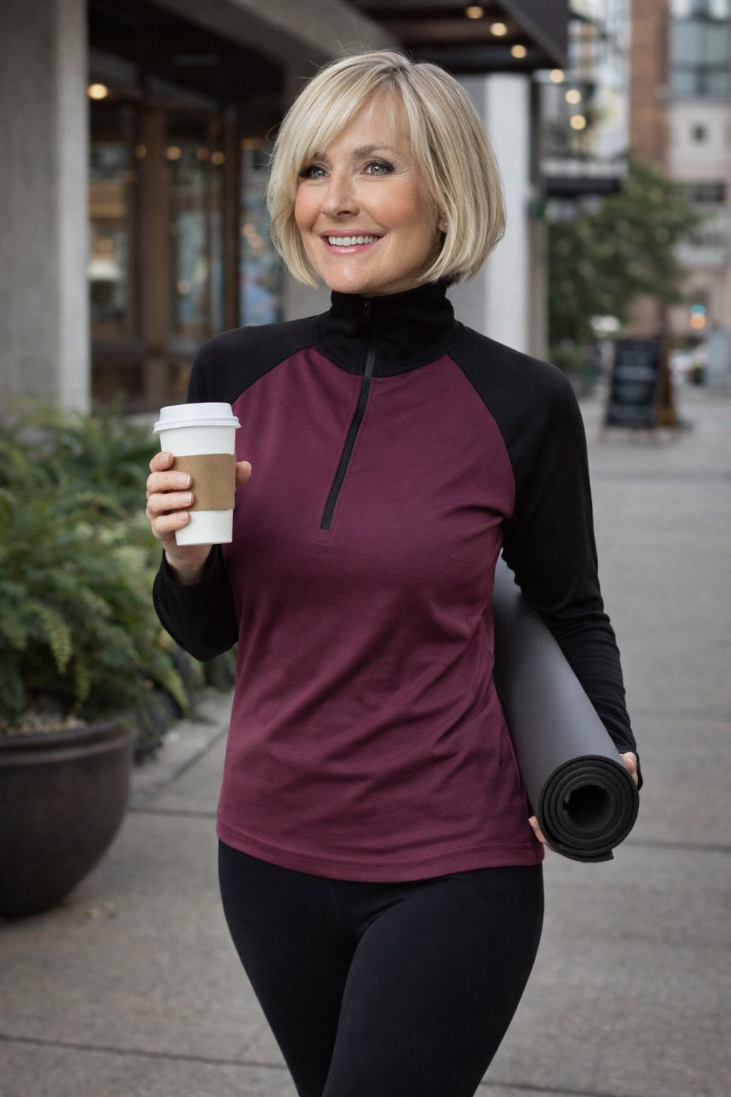 Model wearing the black mulberry Riley zip-neck merino top in a relaxed lifestyle pose.