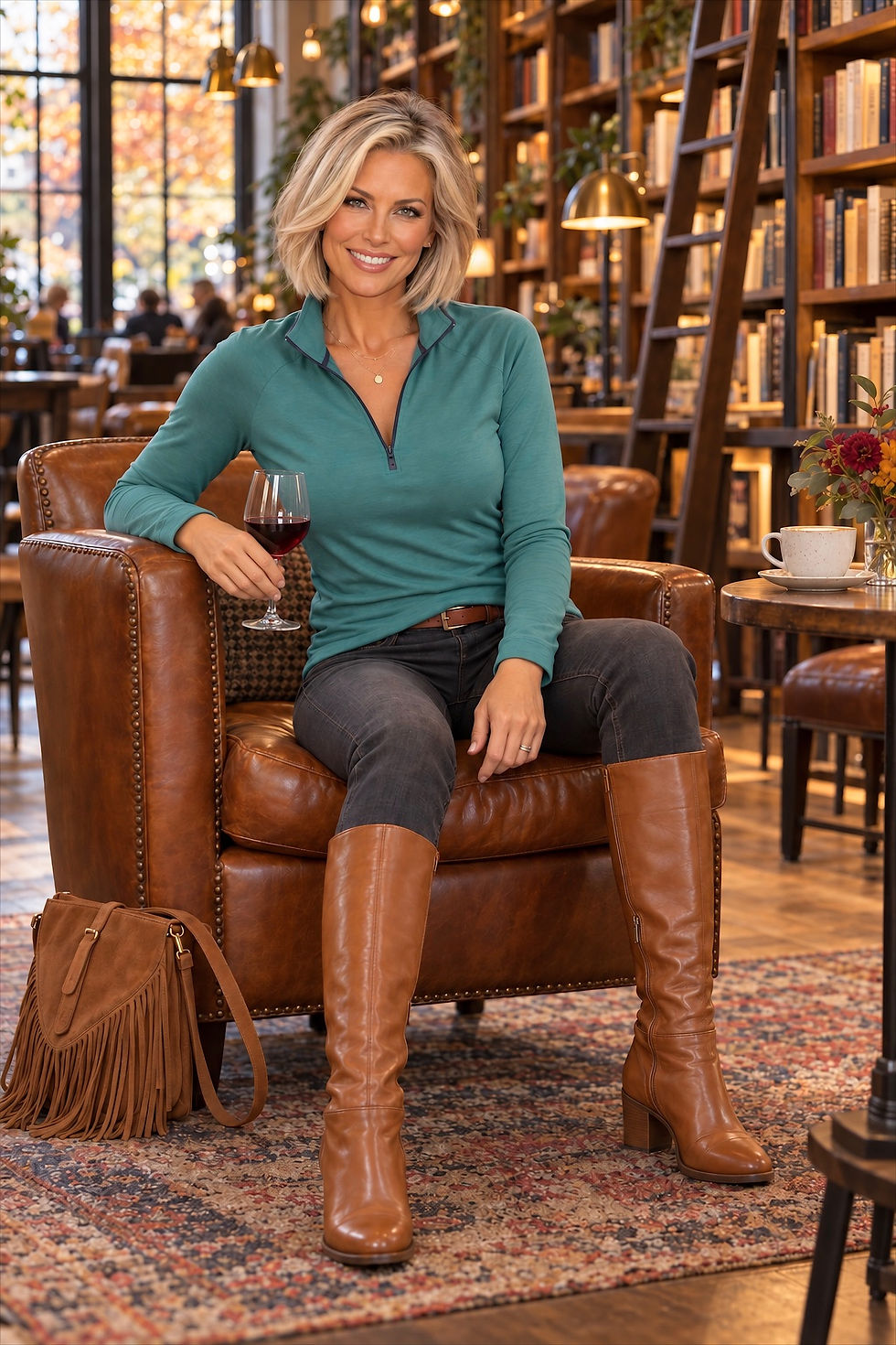 Model wearing the Hayden zip-neck top in Sahara stripe mid-weight rib merino wool in indoor seated lifestyle pose.