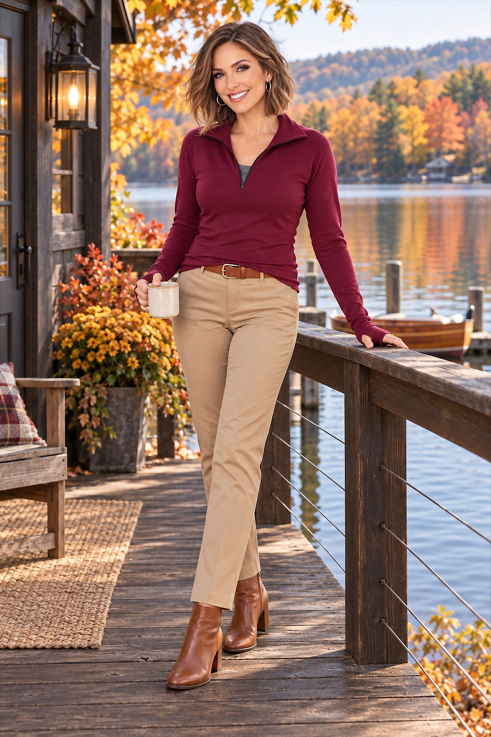 Woman wearing the mulberry Riley zip-neck top shown in full body outdoor lifestyle pose.