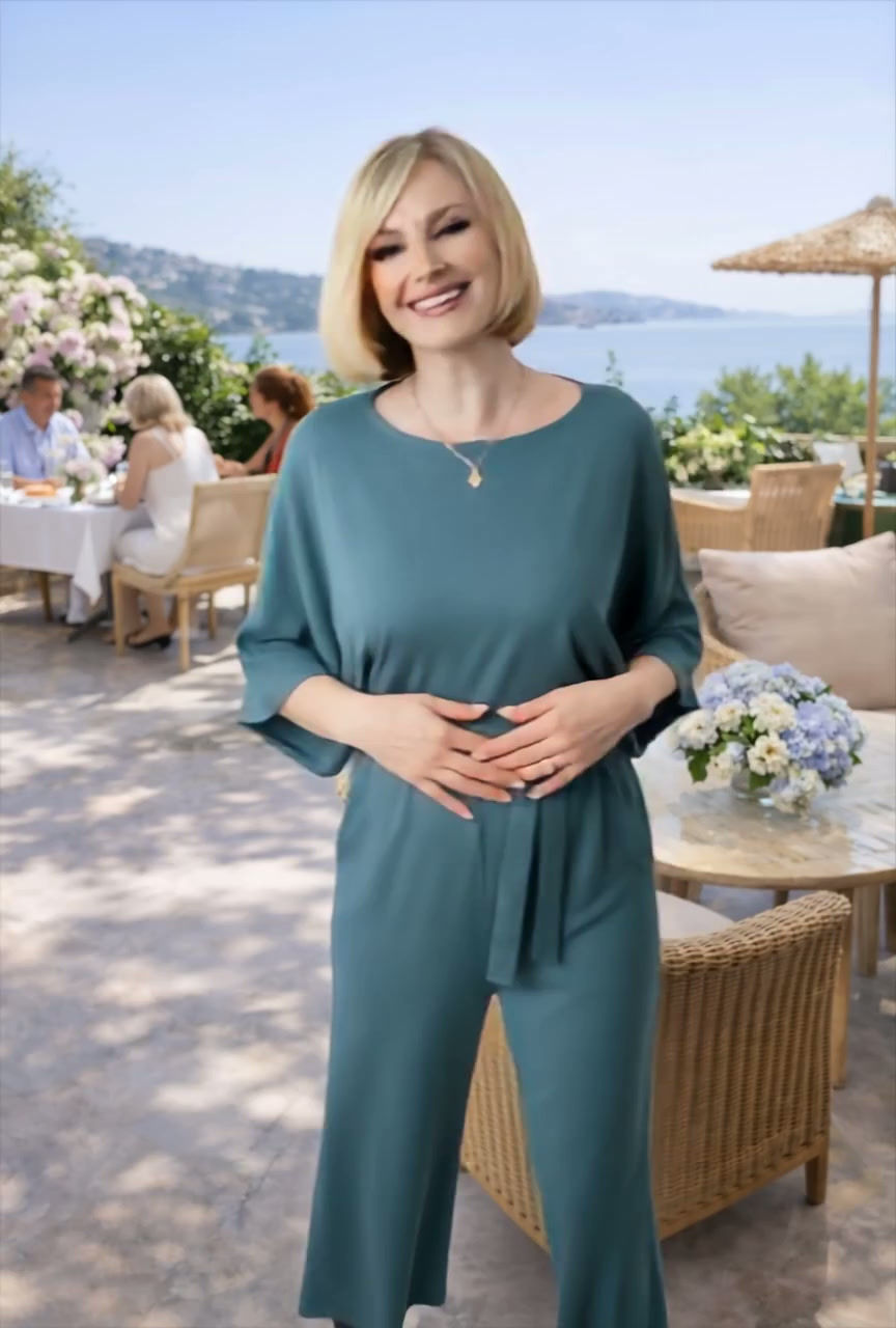 Thumbnail: Video of model wearing the Sierra dusty teal merino jumpsuit at a restaurant by the beach.