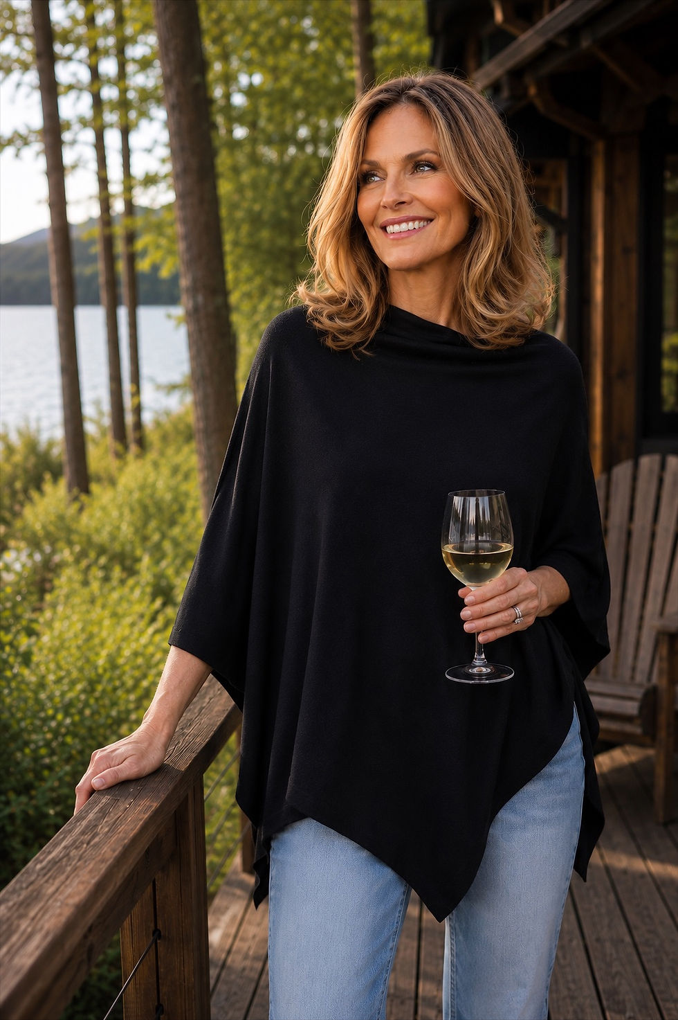 Model wearing the Merino Wool Poncho in black mid-weight merino wool, full-body lifestyle pose.
