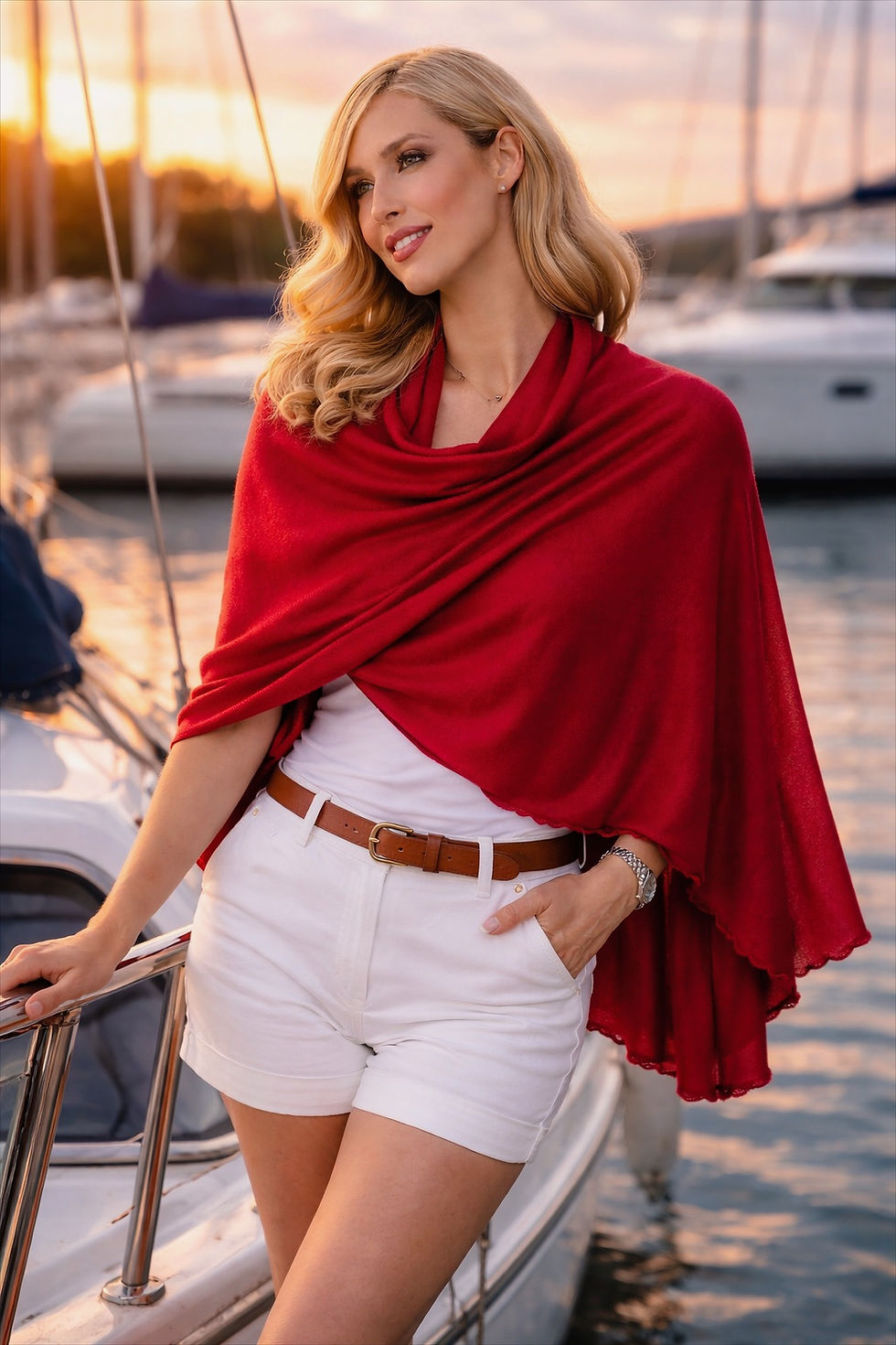 Model wearing the Merino Travel Wrap and Scarf in Carmine red lightweight merino jersey, full-body outdoor lifestyle pose.