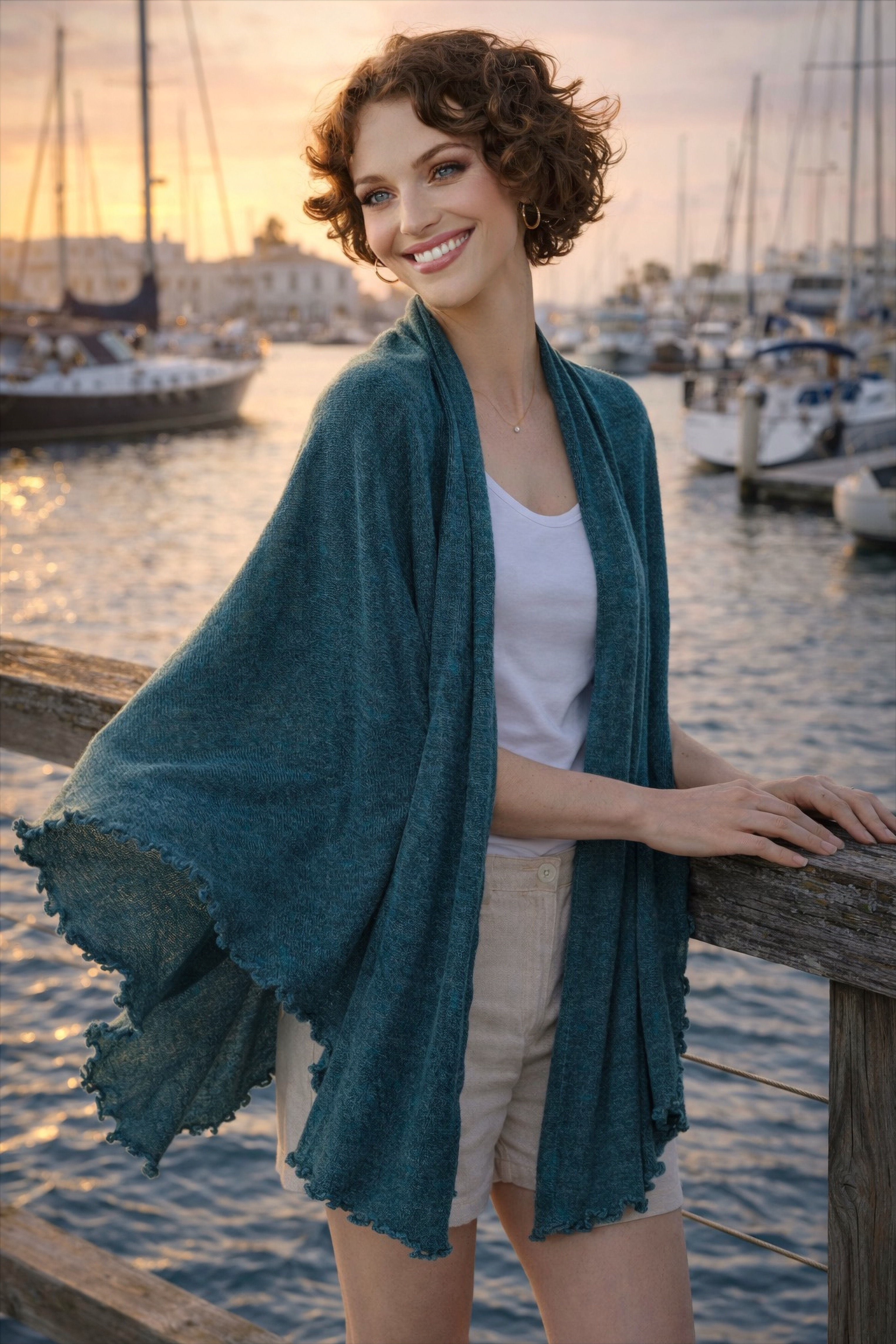 Woman wearing the teal marl Merino Travel Wrap and Scarf in a relaxed summer outdoor pose.