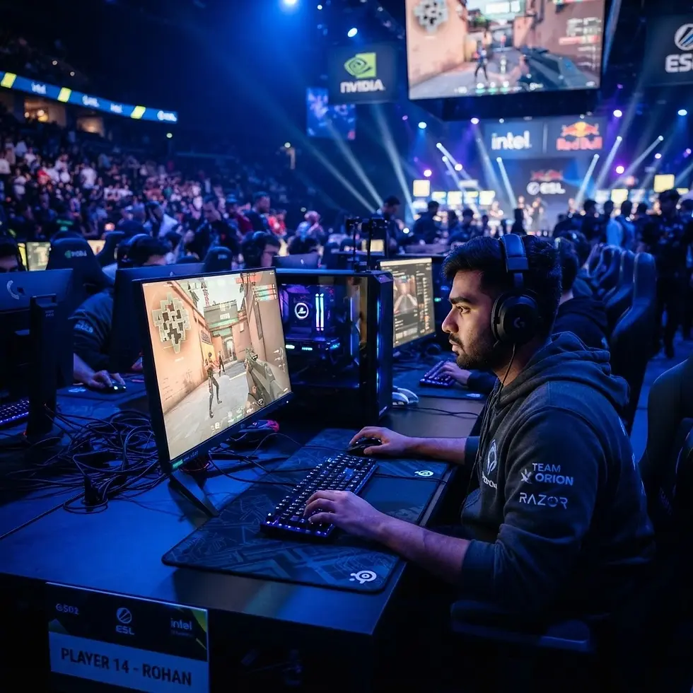 Event photography showing a professional esports player focused on their monitor in a crowded, blue-lit tournament arena. The atmosphere is intense and high-tech, showcasing the competitive gaming environment.