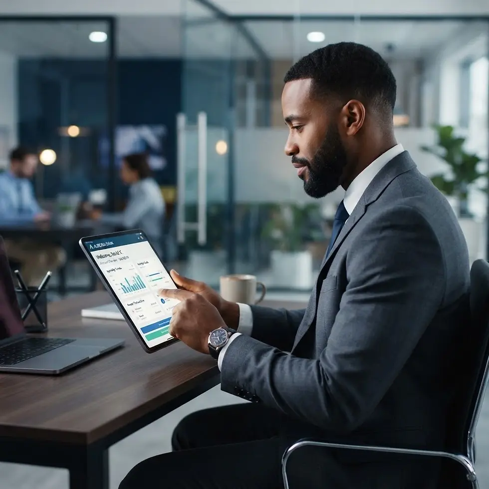 Studio photography of a focused businessman reviewing analytics on a tablet in a modern office. The setting is professional and productive with blurred colleagues working in the background.