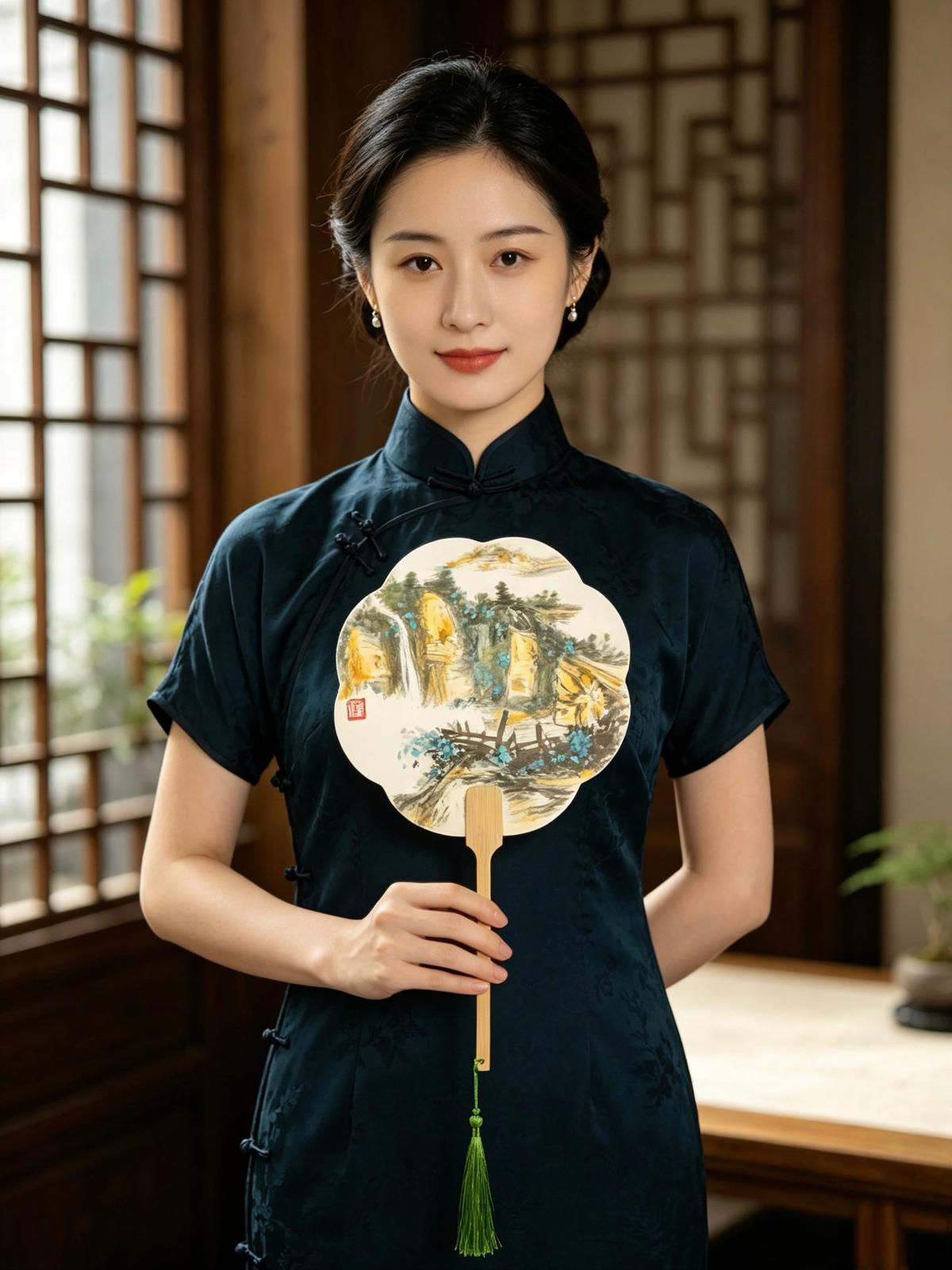 Chinese Landscape Decorative Hand Fan with Green Tassel