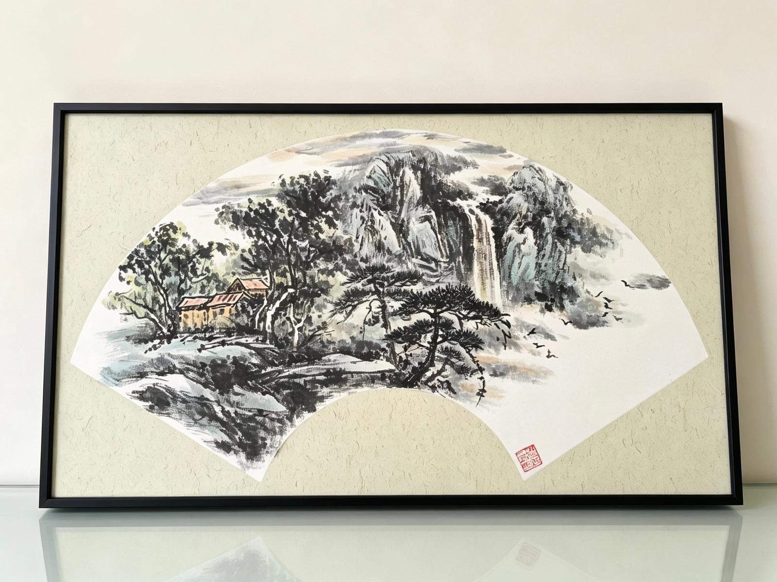 Hand-Painted Chinese Mountain Landscape Fan Artwork