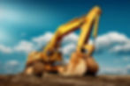 Large excavator on construction site on a sunny day with blue sky and fluffy clouds, cool
