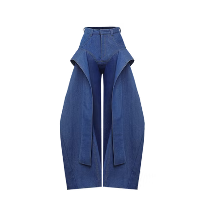 Edgy pants feature accentuated hips with side panels, creating a bold and unique look.