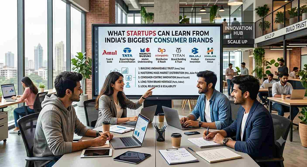 Startup team meeting in a modern office, discussing a slide titled What Startups Can Learn from India’s Biggest Consumer Brands