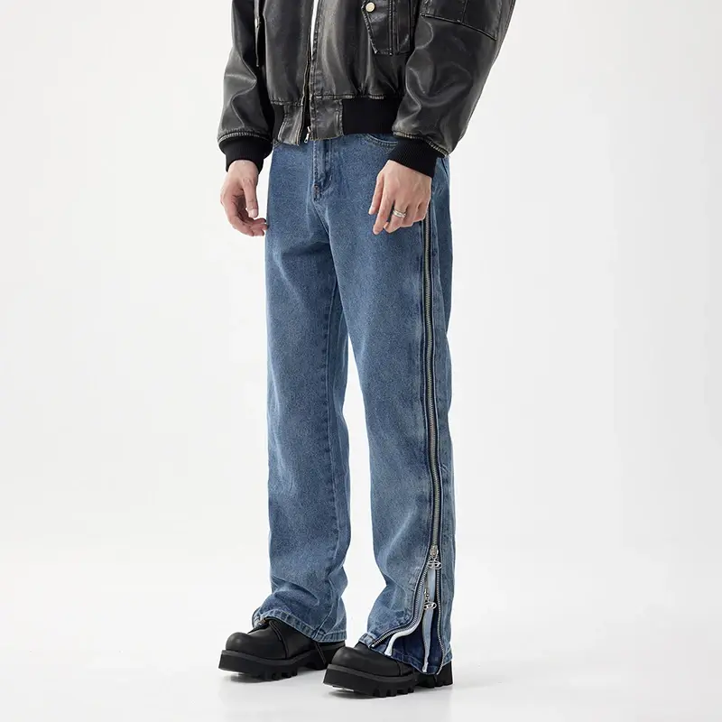 Thumbnail:  Blue Straight Double Cut Side Zippers Jeans 