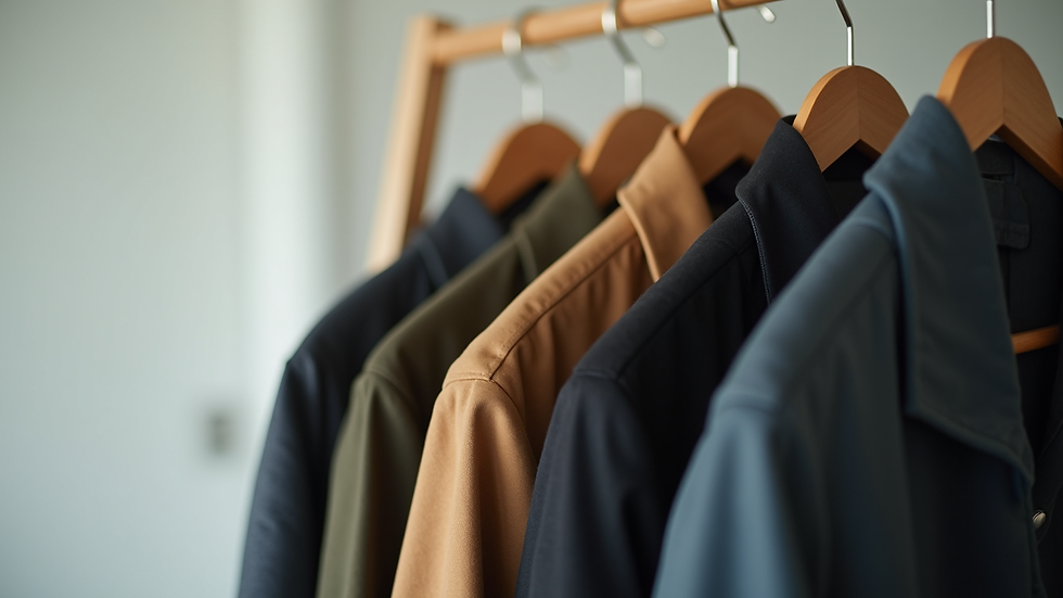 Close-up of a minimalist, unisex jacket hanging on a wooden hanger