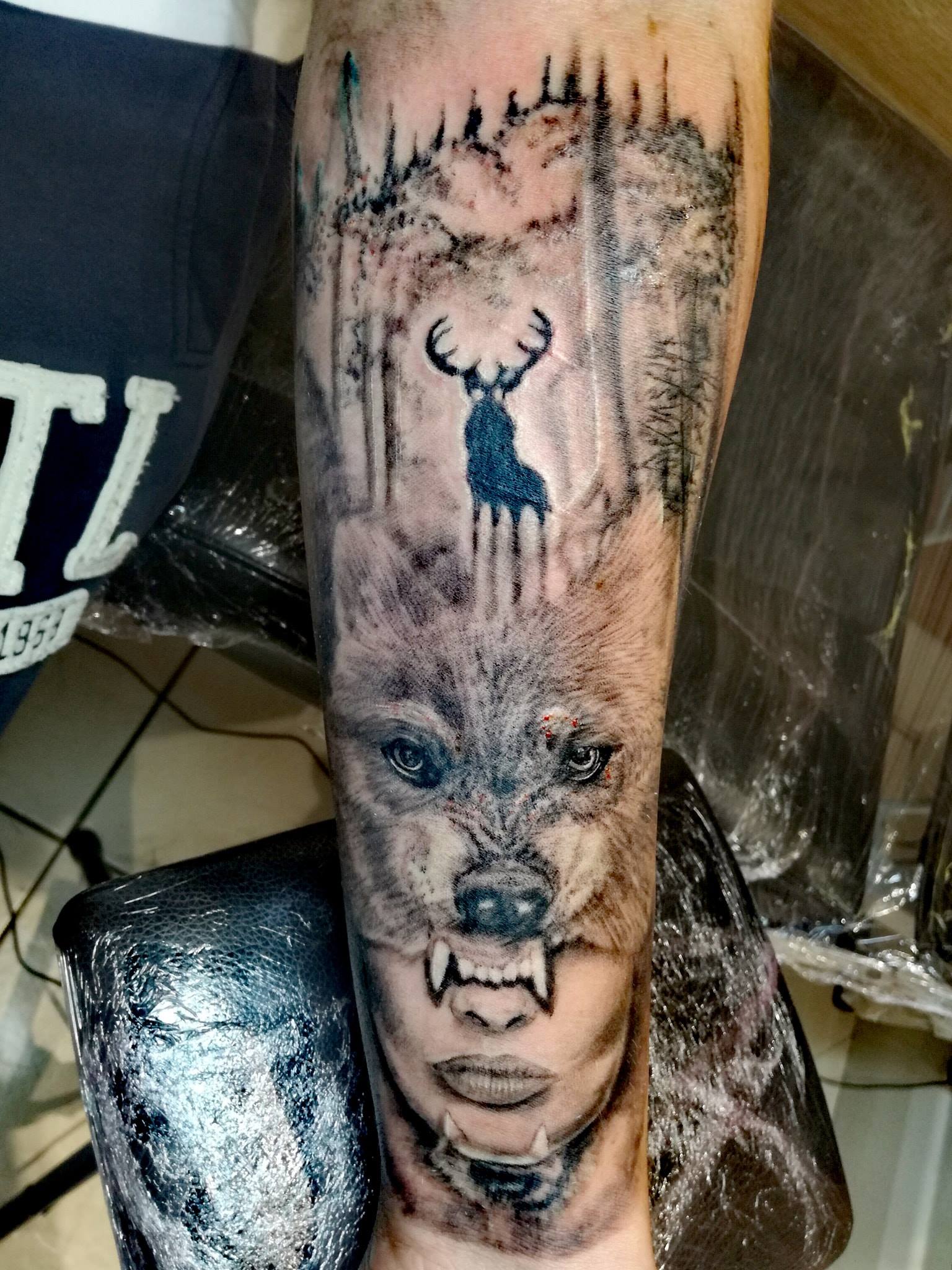 Girl, wolf and stag