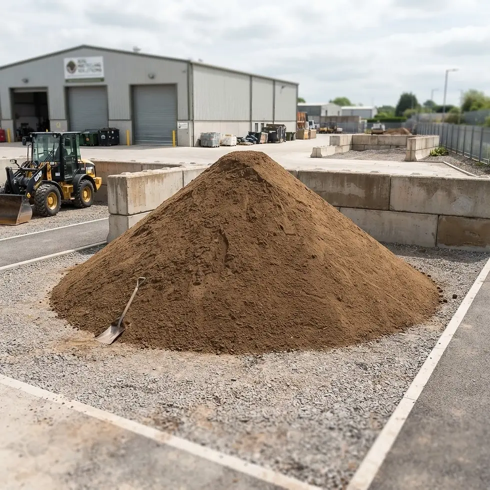 Outdoor photography of a large pile of soil situated in a commercial yard with a shovel dug into the side. The scene conveys a busy industrial or construction environment.