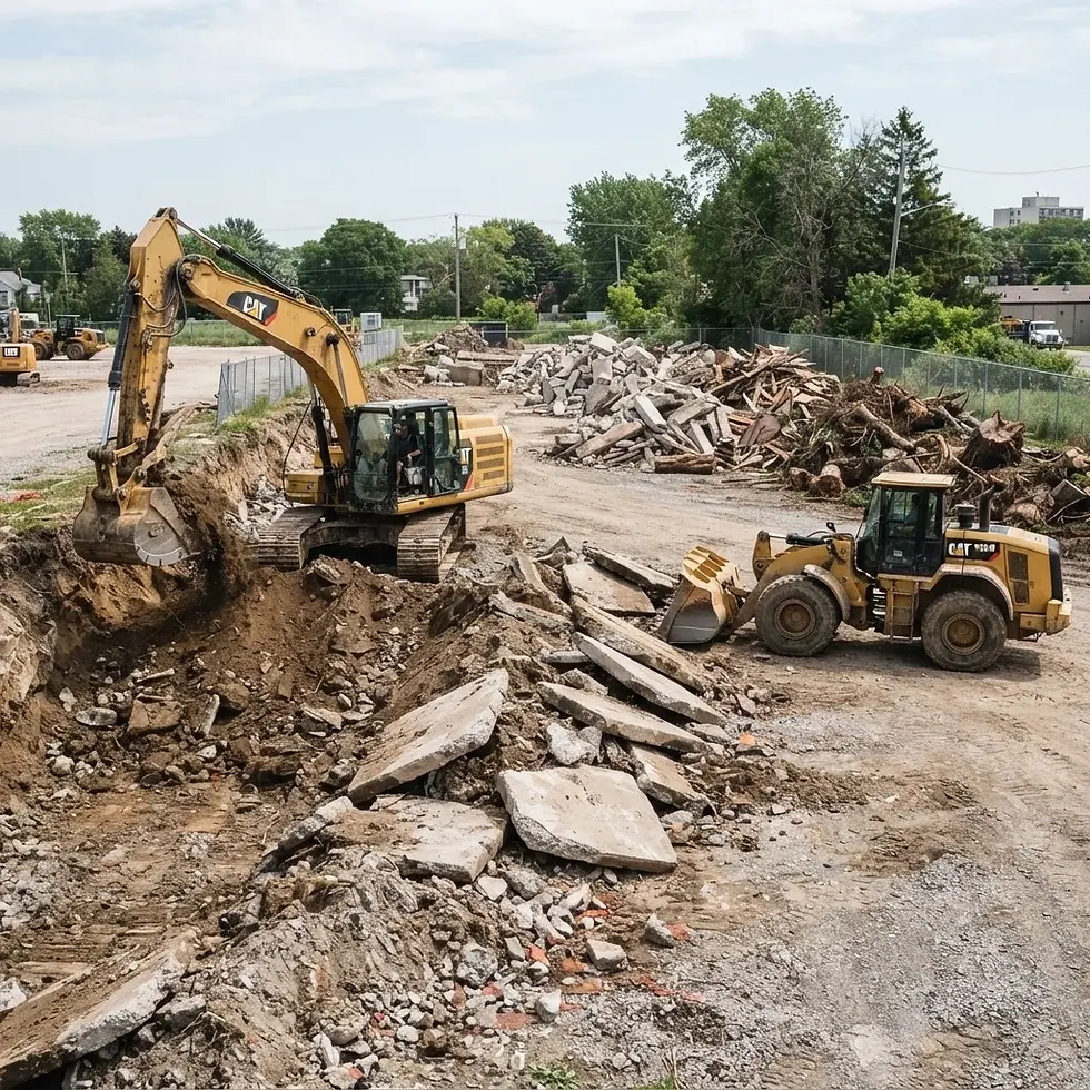 Outdoor commercial photography showing yellow caterpillar construction equipment operating in a debris-filled lot. The scene is illuminated by daylight at an active site of demolition or excavation.