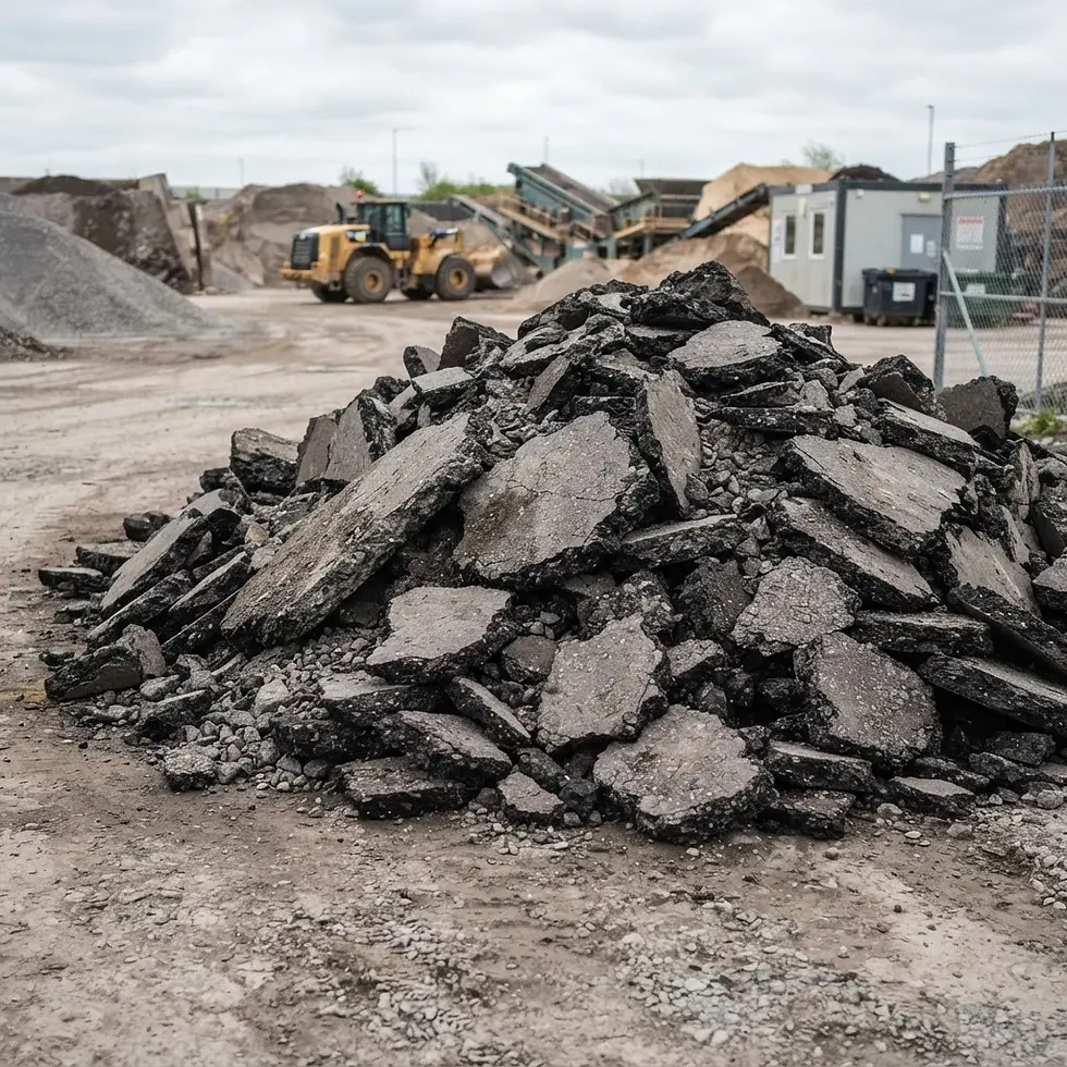 Industrial photography of a large pile of broken asphalt chunks at a construction recycling site. The background shows heavy equipment, gravel mounds, and site facilities under an overcast sky.