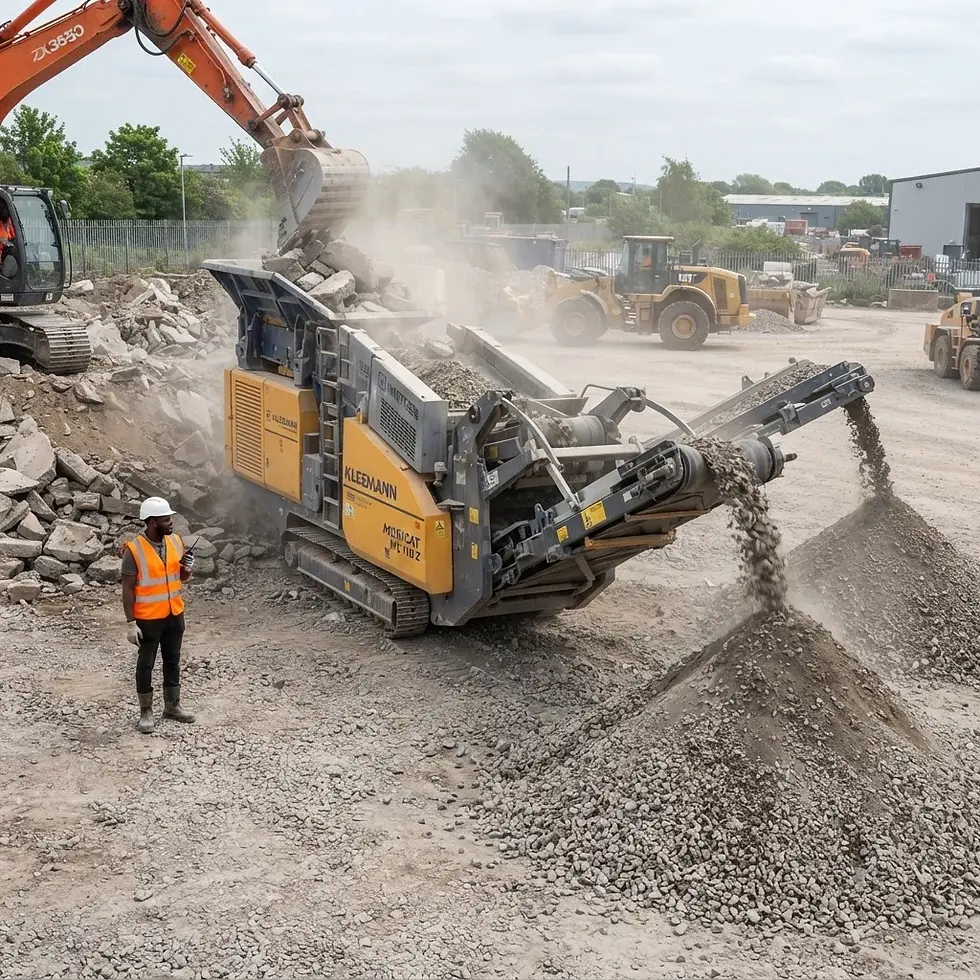 Documentary photography of a construction worker overseeing a large industrial rock crusher in action. The scene showcases heavy machinery at work on a dusty, active construction site.