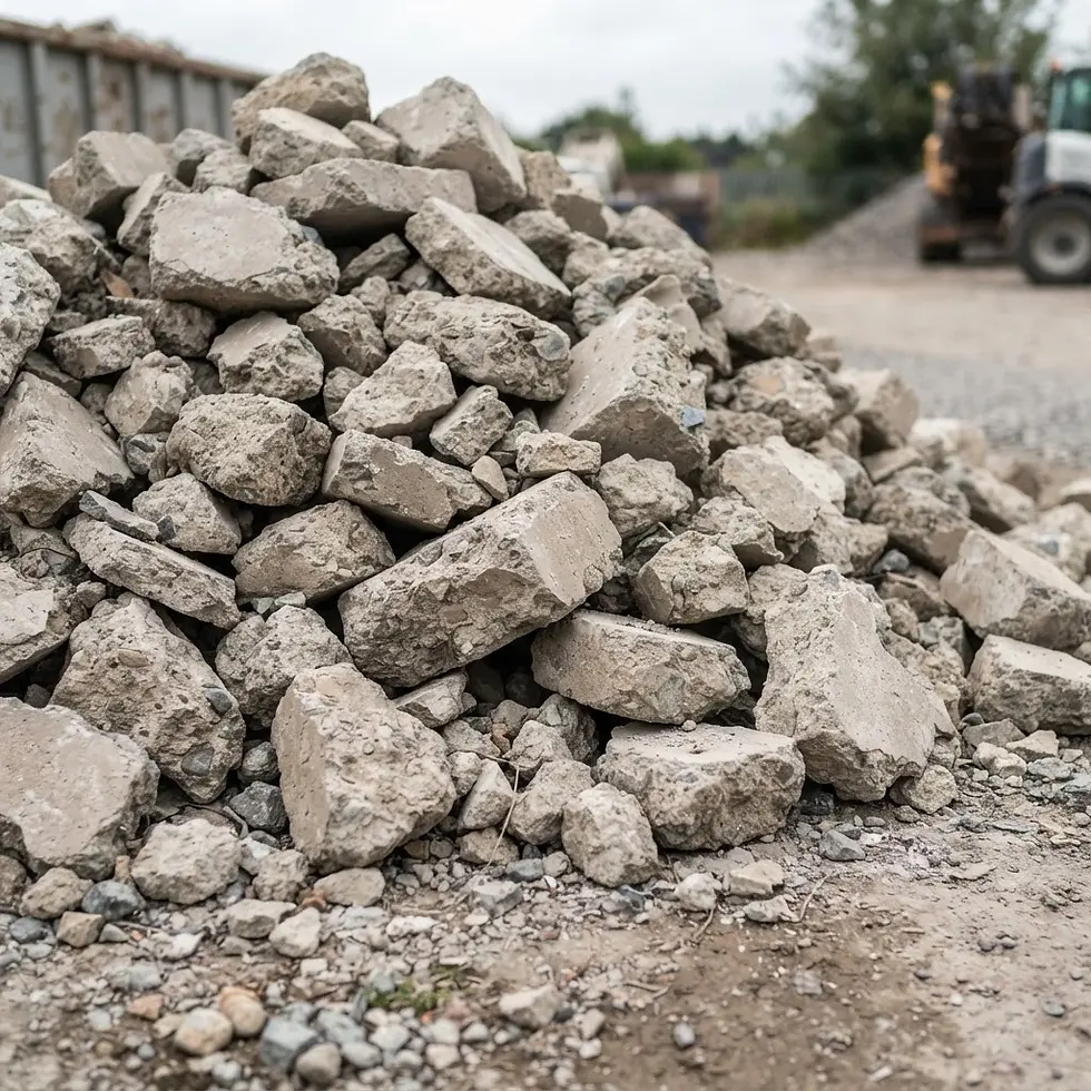 Outdoor photography of a large pile of rubble and broken concrete chunks at a construction site. The scene feels industrial and utilitarian.