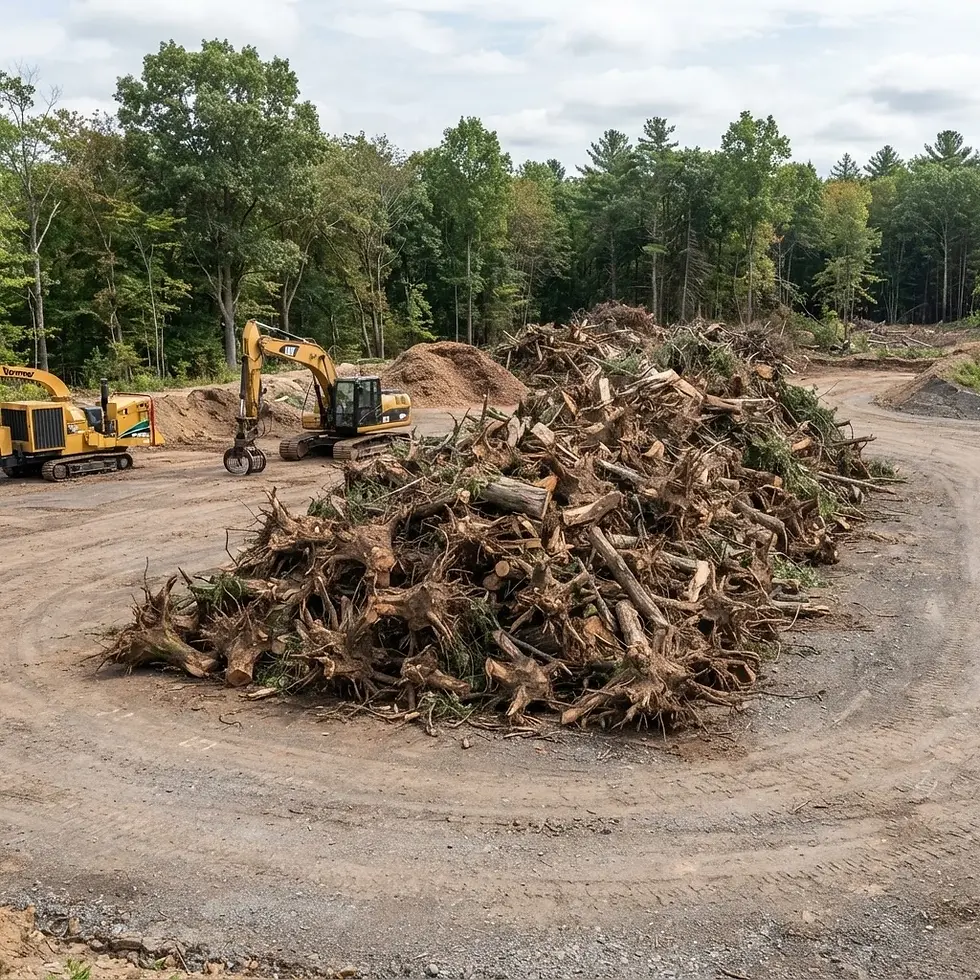 Outdoor photography of a large pile of excavated tree stumps and logs on a cleared dirt lot. Heavy machinery is visible in the background against a treeline, suggesting land clearing or land management work.