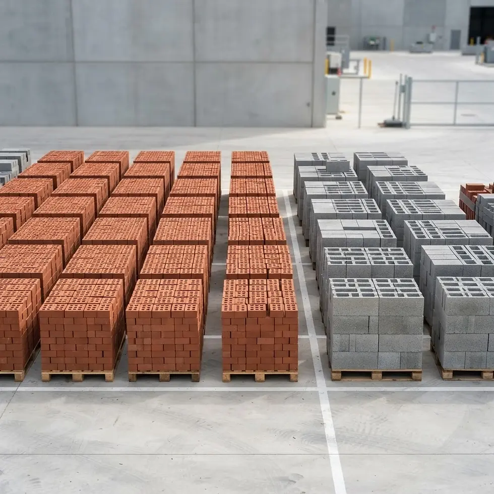 Studio photography of rows of red bricks and grey concrete blocks neatly stacked on wooden pallets in an industrial yard. The organized arrangement highlights construction materials ready for transport.