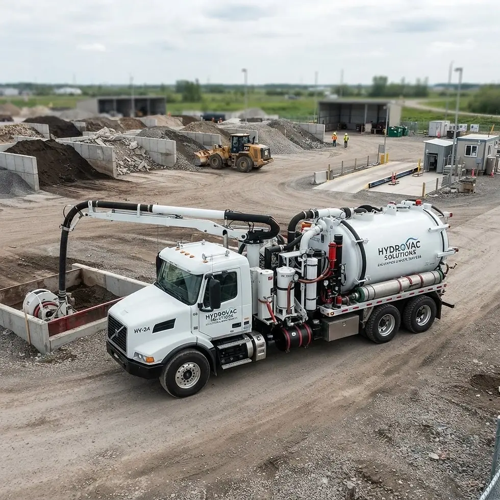 Aerial photography of a white hydro-excavation truck operating on an industrial work site. The scene depicts a sunny day with large material stockpiles and heavy equipment in the background.