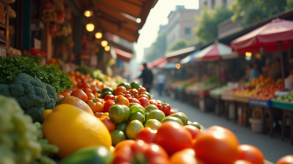 Eye-level view of a serene local market with colorful produce