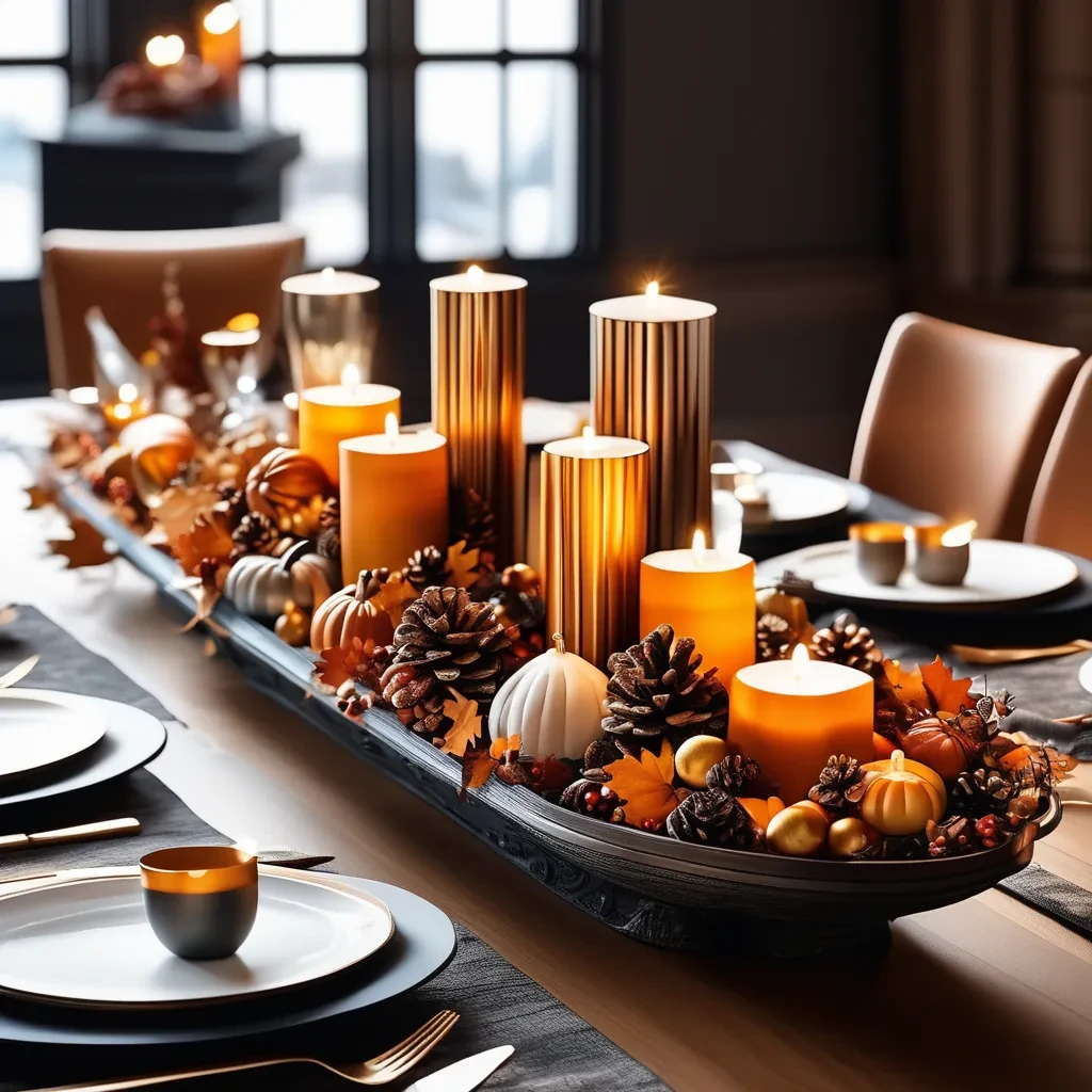 fall tablescape with centerpiece made of candles  and pumpkins