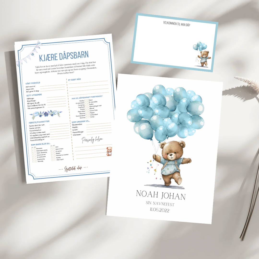 Dåpsark, gjestebok og bordkort - blå bamse