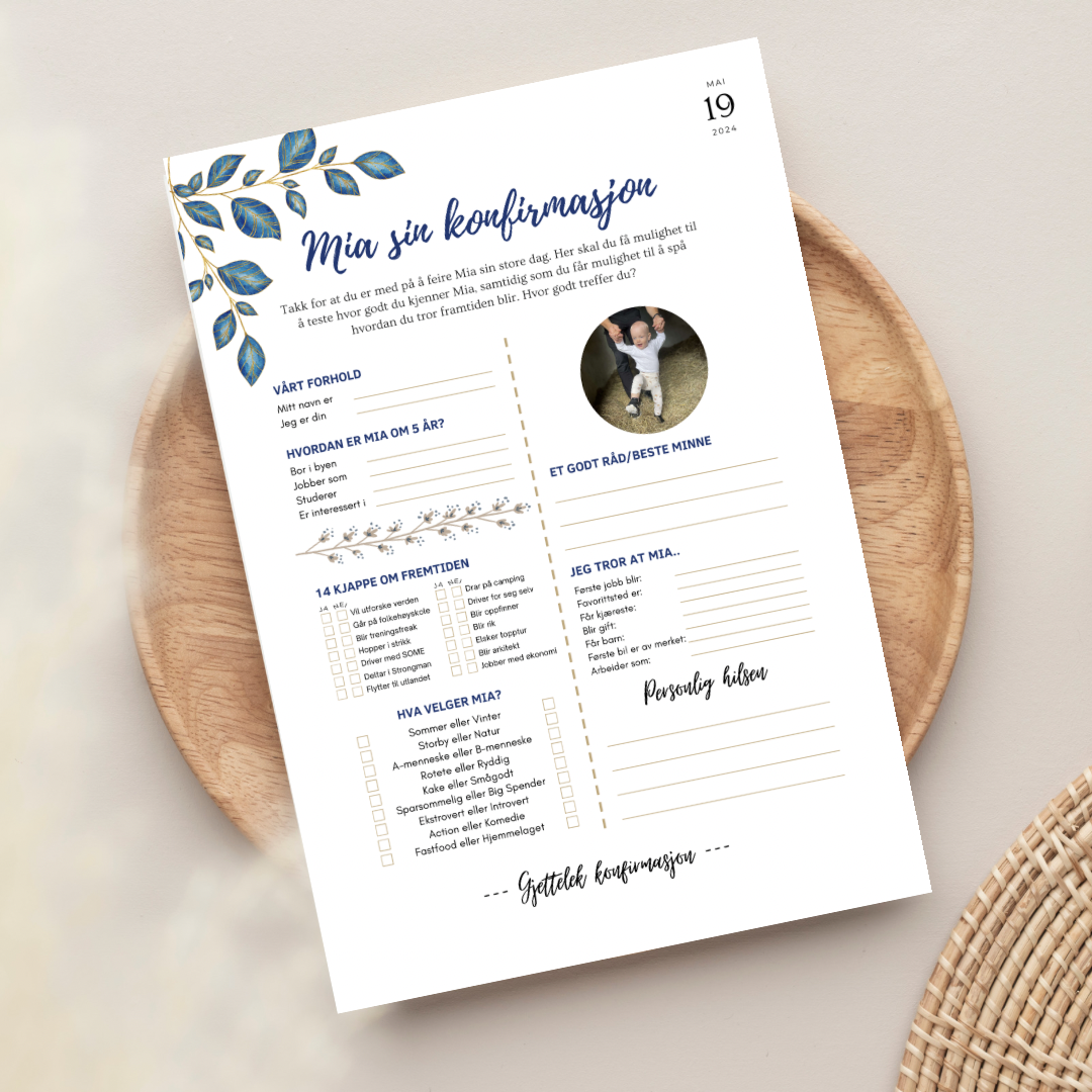Personlig konfirmasjonsark med spådom om fremtiden - blå