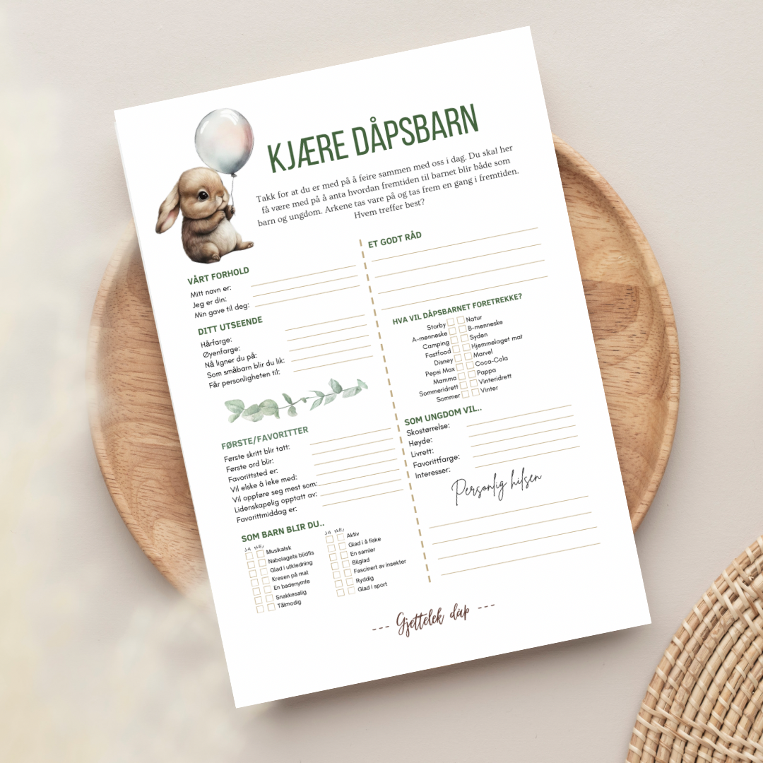 Dåpsark - kanin med ballong grønn