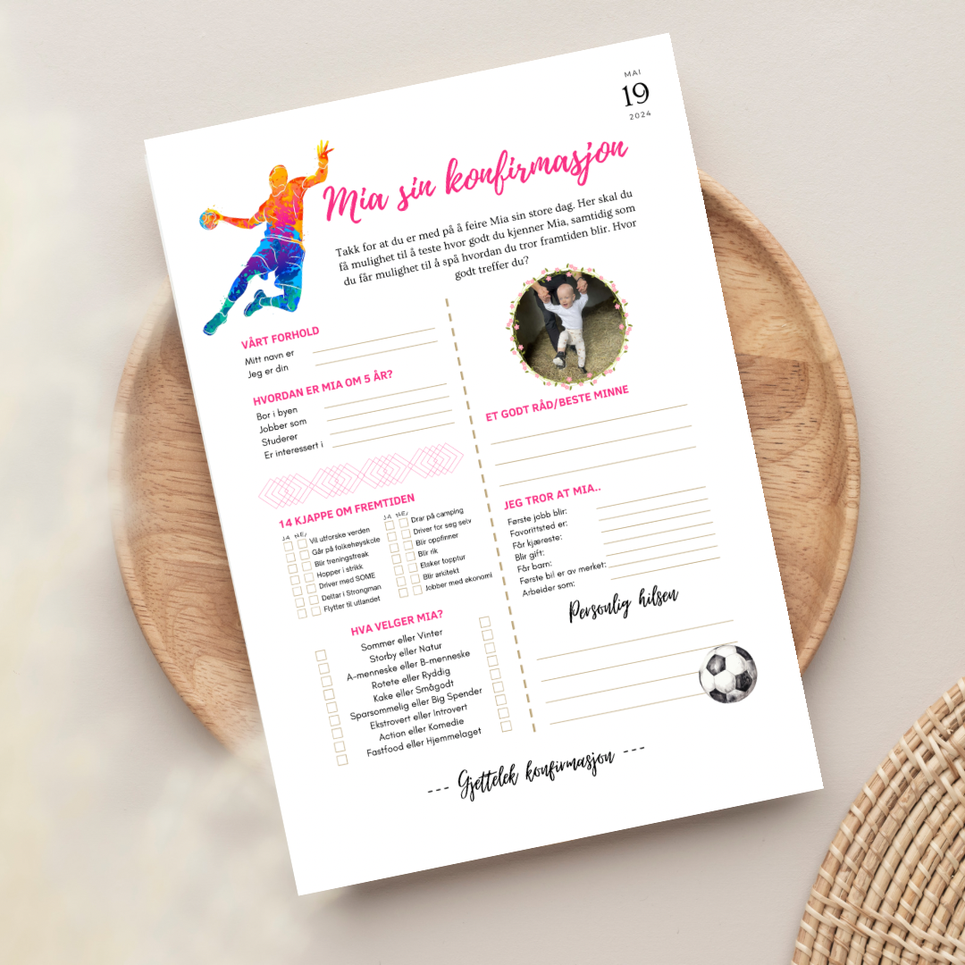 Personlig konfirmasjonsark med spådom om fremtiden - håndball rosa