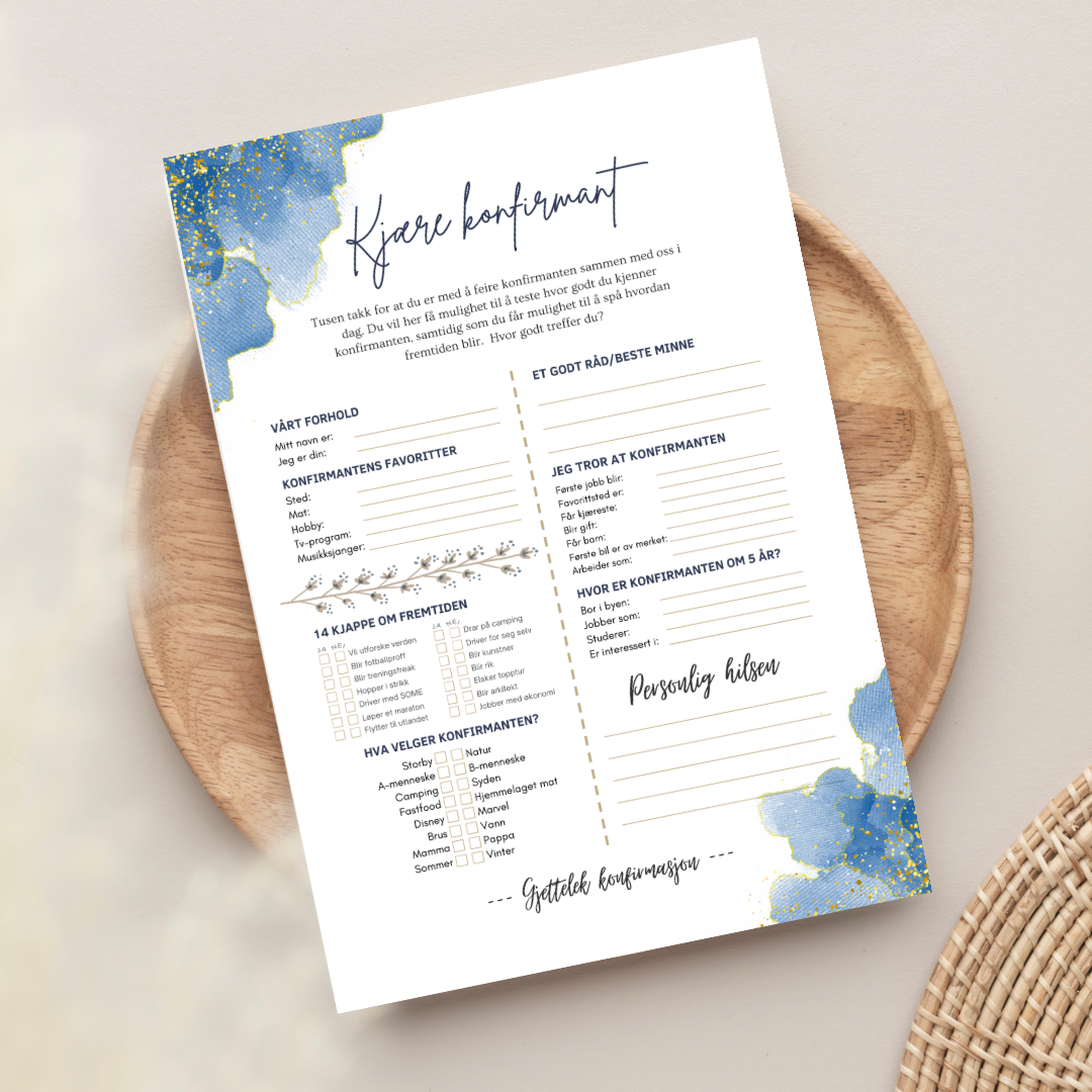 Konfirmasjonsark (spådom) - Blå/gull