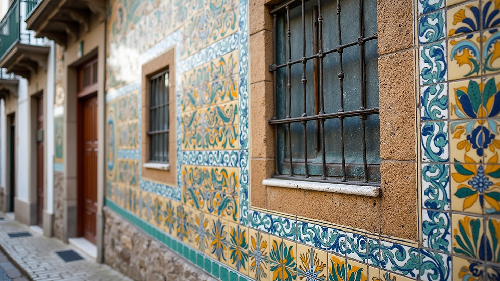 Close-up view of traditional Portuguese ceramic tiles on a historic building