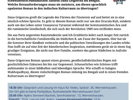 12. Mai: 13. Bachtel-Lesung mit Dana Grigorcea und Sulagna Mukhopadhyay