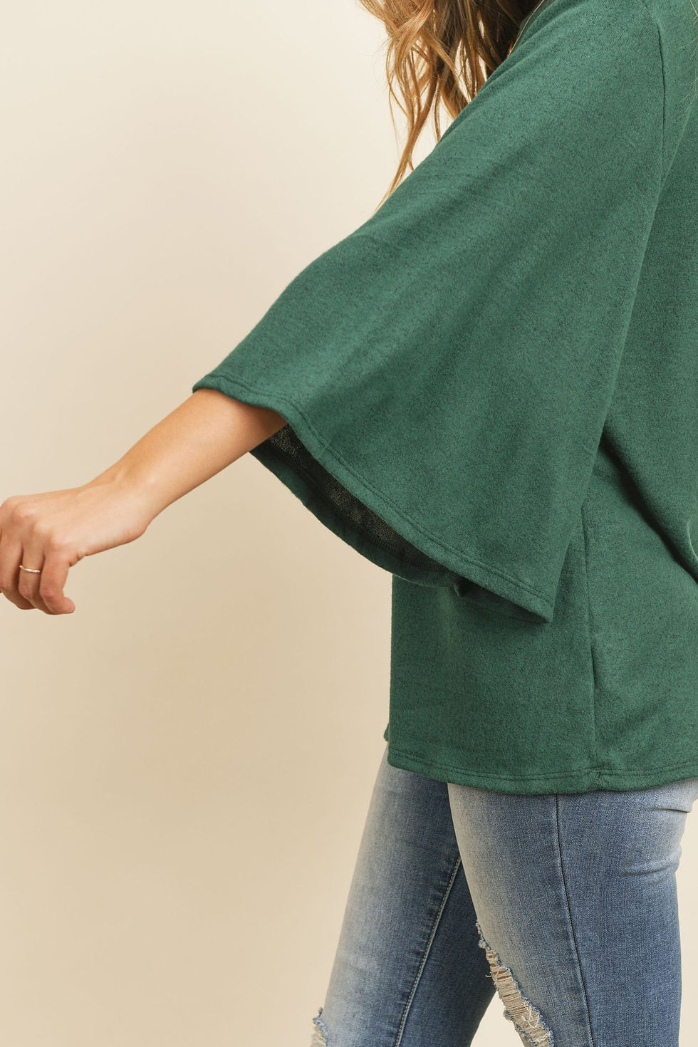 Thumbnail: Boat Neck Bell Sleeve Solid Hacci Brushed Top