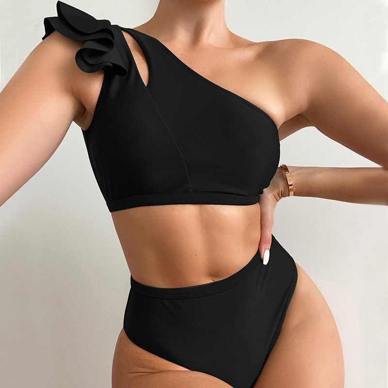 Thumbnail: Ruffle Trim One Shoulder Top Cover Up Swimsuit Bikini With Solid High Waist