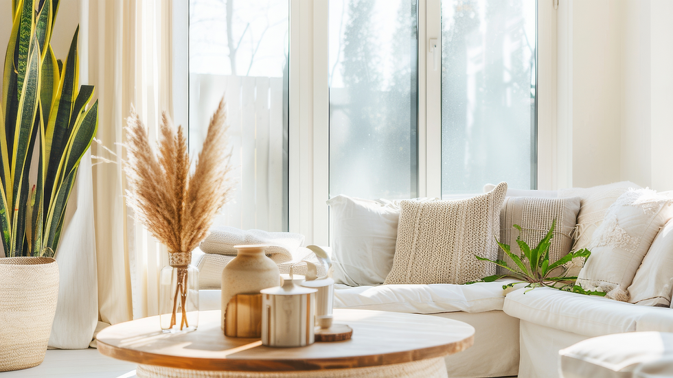Bright living room with a cozy white sofa, beige pillows, potted plants, and a round wooden table. Sunlight filters through large windows.