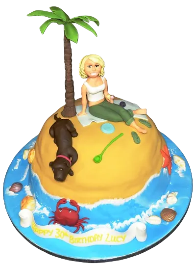 Bespoke Desert Island cake with palm trees and sandy beach design, crafted in Solihull, West Midlands.