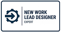Logo mit Text NEW WORK LEAD DESIGNER EXPERT und Zahnrad-Symbol.